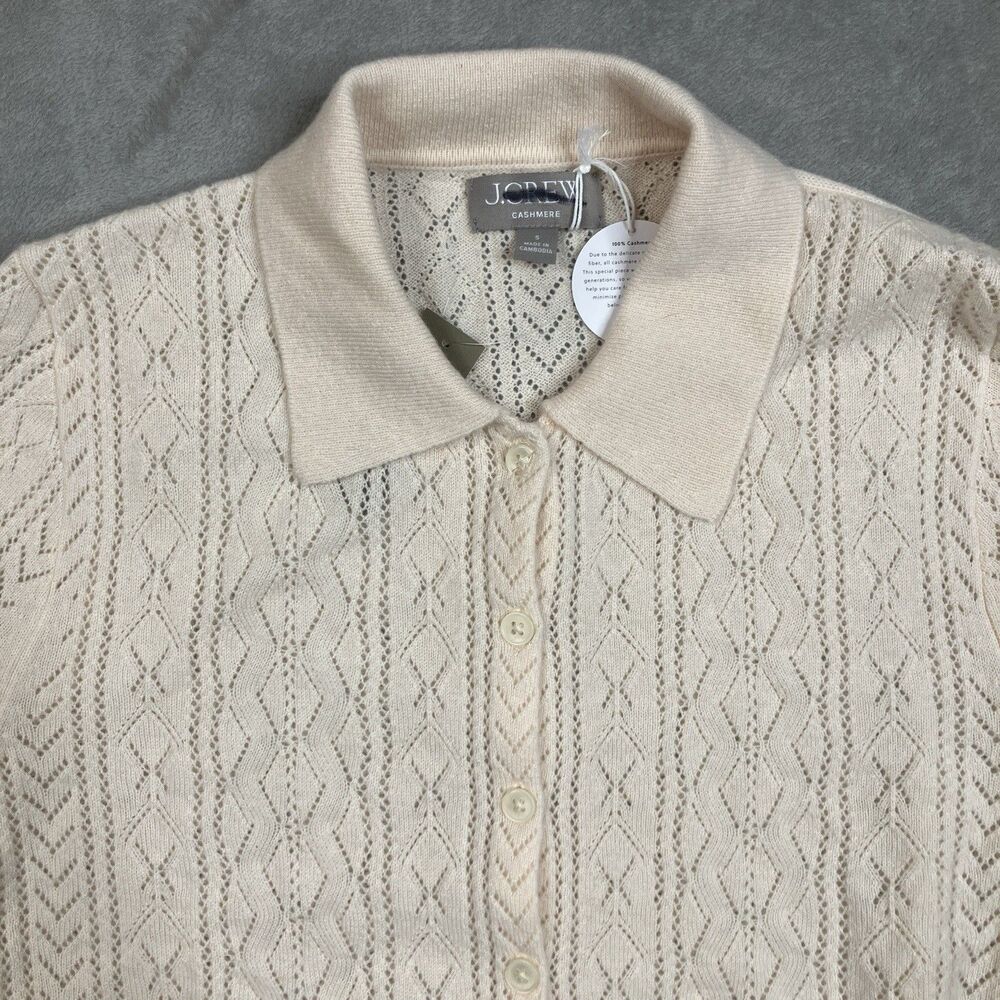 J.Crew Cashmere Cardigan Womens S Cream Pointelle Short Sleeve Collared - Picture 9 of 13
